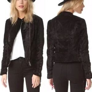 FREE PEOPLE black velour motorcycle full zip jacket lace sleeve detail SMALL